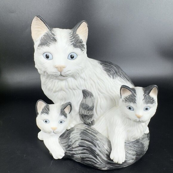 Homco Black White Mother Cat Kitty with Kittens Figurine Large Ceramic Figure - Picture 10 of 10